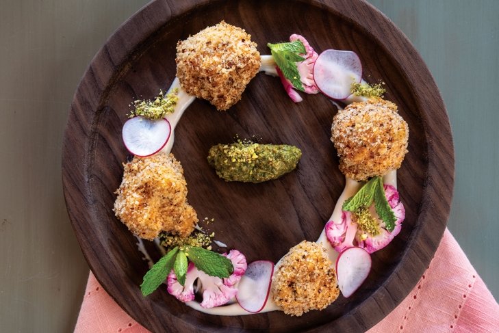 Cauliflower Tempura with Harissa Cauliflower Purée and Mint Scape Pesto