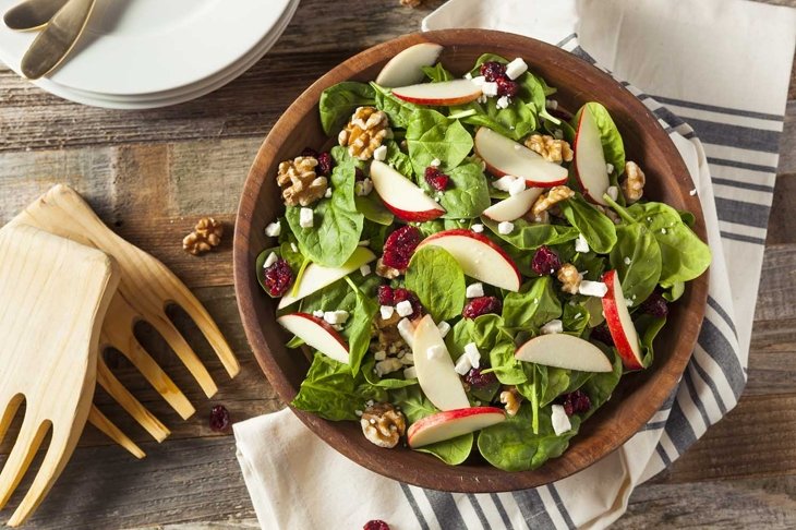 Homemade Autumn Apple Walnut Spinach Salad with Cheese and Cranberries